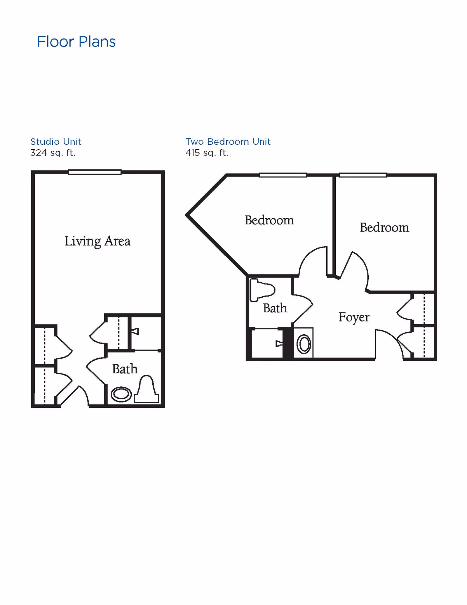 Floor plans for Brookdale Reynolda Road showing a Studio Unit with 324 sq. ft. including a living area and a bath, and a Two Bedroom Unit with 415 sq. ft. including two bedrooms, a bath, and a foyer.