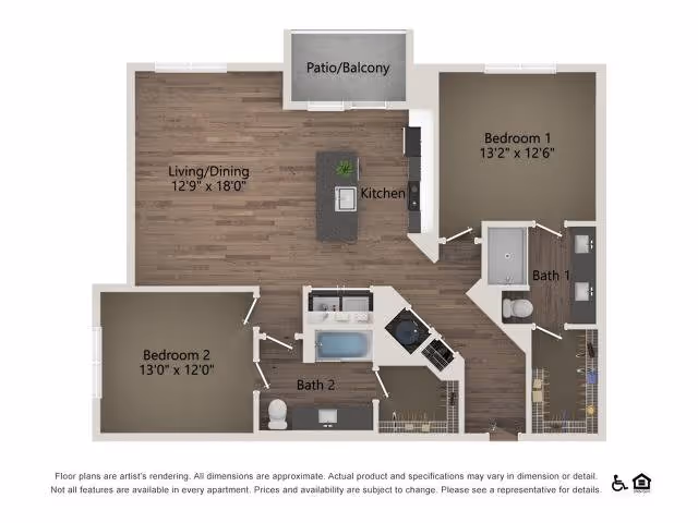 Top-down colored floor plan of a two-bedroom, two-bath apartment with a combined living/dining area, kitchen island, and a patio/balcony.