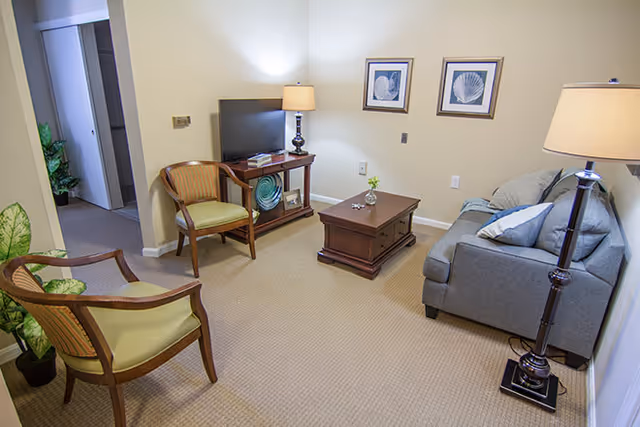 A cozy living room with a gray sofa, two wooden chairs with green cushions, a wooden coffee table, a TV on a wooden stand, two framed shell pictures on the wall, and two lamps providing warm lighting.