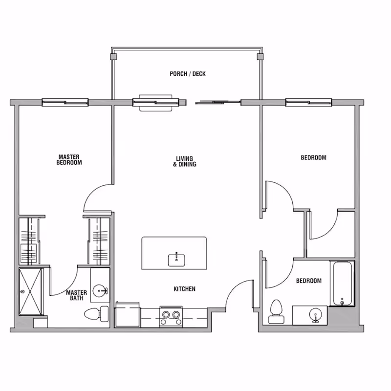 Black-and-white floor plan of a unit showing a master bedroom with bath, two additional bedrooms, a central kitchen with island, living & dining area, and a porch/deck.