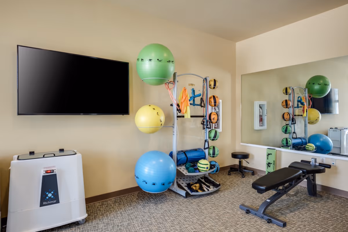 A small exercise room with a wall-mounted flat screen TV, a rack holding various exercise balls and medicine balls, a padded workout bench, a small stool, a large mirror on one wall, and a white machine labeled Richmar.