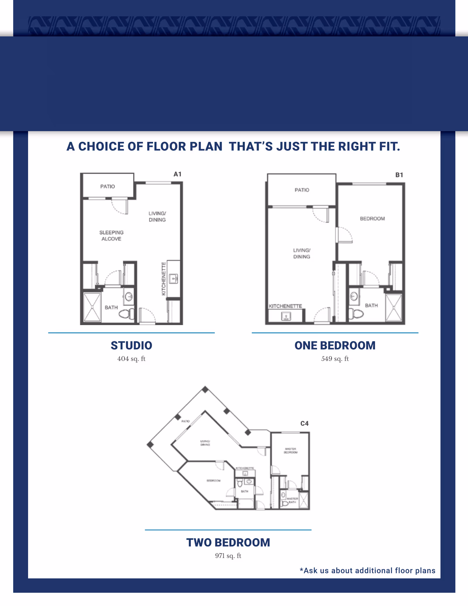 Floor plans for Venetian Gardens - Sky Active Living showing three options: Studio (404 sq. ft.) with sleeping alcove, living/dining area, kitchenette, bath, and patio; One Bedroom (549 sq. ft.) with bedroom, living/dining area, kitchenette, bath, and patio; Two Bedroom (971 sq. ft.) with master bedroom, second bedroom, living/dining area, kitchenette, two baths, and patio.