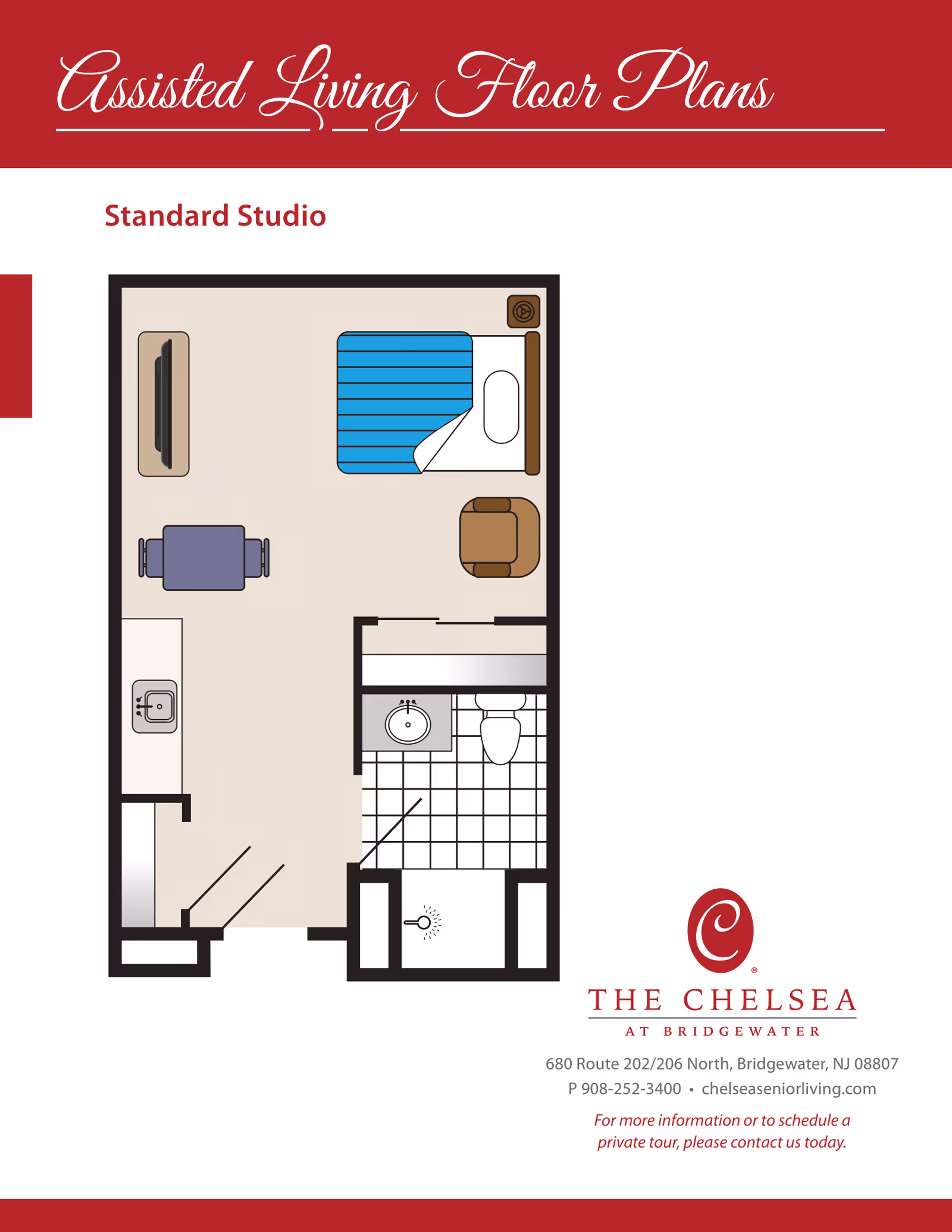 Floor plan of a Standard Studio assisted living apartment showing a combined living and sleeping area with a bed, chair, TV, small dining table with two chairs, kitchenette with a sink, and a bathroom with a sink, toilet, and shower.