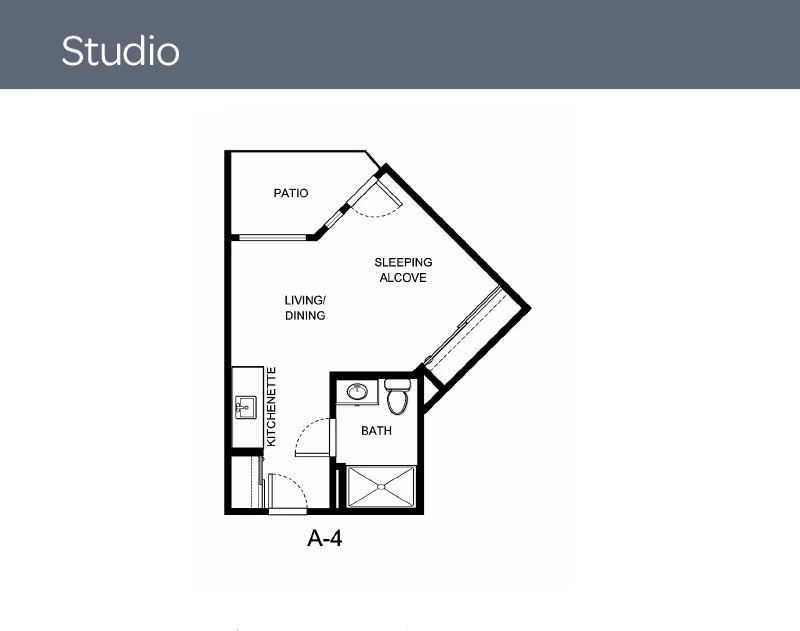 Architectural floor plan of a studio apartment at Holiday Maple Suites showing a patio, sleeping alcove, living/dining area, kitchenette, and bathroom.