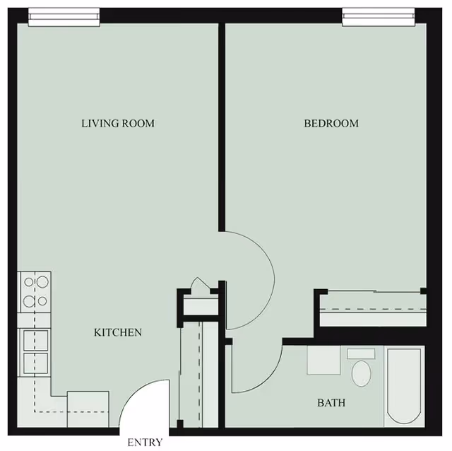 Floor plan of a senior living unit at Ivy Knoll Senior Living Community showing a living room, kitchen, bedroom, bathroom, and entry area.