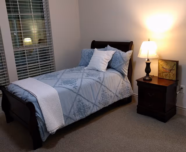 A cozy bedroom with a single bed featuring a light blue patterned comforter and white pillows. Next to the bed is a dark wooden nightstand with a lit table lamp and a small framed picture of a bird. There are two windows with white blinds on the left side of the room.