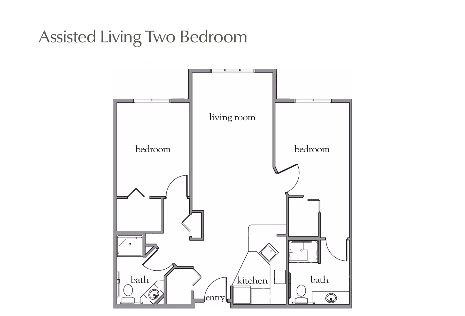 Floor plan of an assisted living two-bedroom apartment showing two bedrooms, two bathrooms, a living room, a kitchen, and an entry area.
