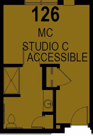 Architectural floor plan of a studio apartment labeled 126 MC Studio C Accessible, showing a main room, a bathroom with a toilet and shower, and an entry door.