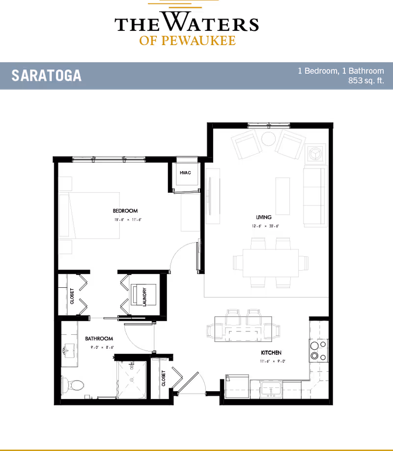 Floor plan of the Saratoga unit at The Waters of Pewaukee showing a 1 bedroom, 1 bathroom layout with labeled areas including bedroom, bathroom, kitchen, living room, laundry, HVAC, and closets. The bedroom measures 15'6" by 11'6", the bathroom 9'0" by 8'6", the kitchen 11'6" by 9'0", and the living room 13'6" by 20'6".