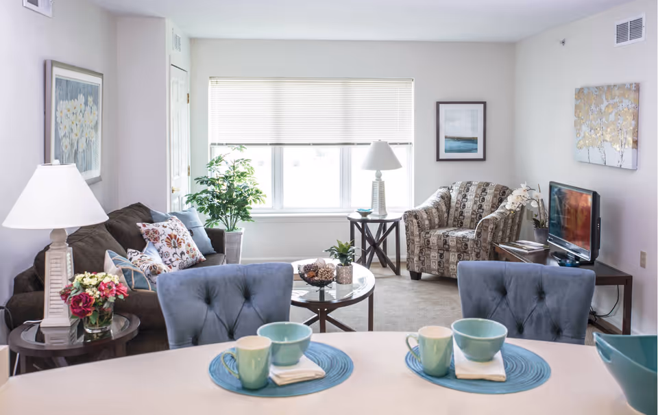 Bright furnished living room with a sofa, patterned armchair, coffee table, TV, and a dining surface with place settings in the foreground.