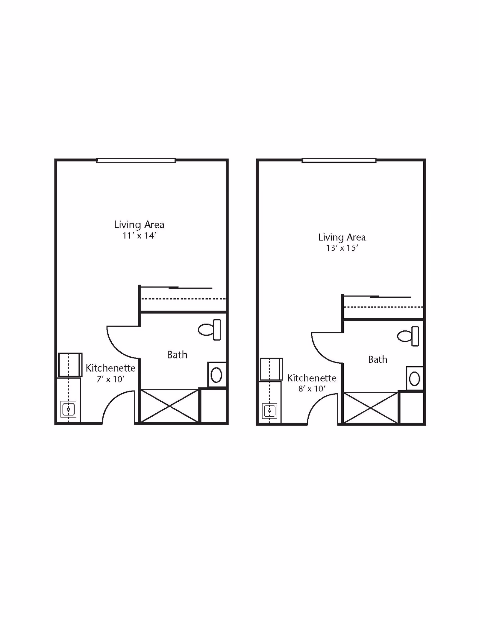 Two black and white architectural floor plans side by side showing layouts with living areas, kitchenettes, and bathrooms. The left plan has a living area of 11 by 14 feet and a kitchenette of 7 by 10 feet. The right plan has a living area of 13 by 15 feet and a kitchenette of 8 by 10 feet. Both plans include a bath with a toilet and sink.