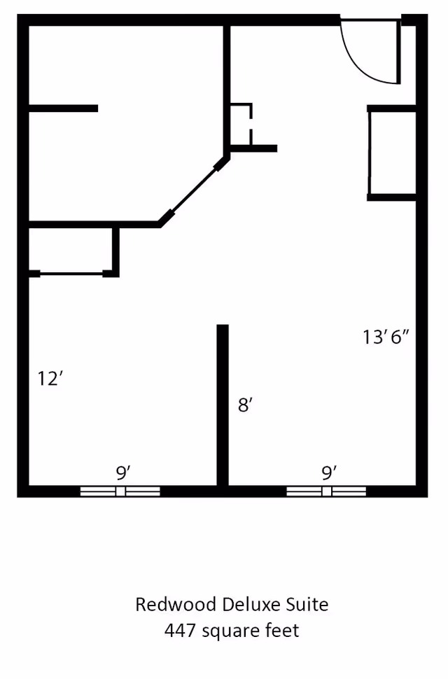 Floor plan layout of the Redwood Deluxe Suite at The Waterford at Wisconsin Rapids, showing room dimensions and total area of 447 square feet.