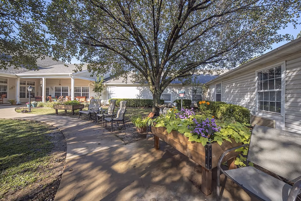 Sunlit outdoor courtyard with a large shade tree, chairs and raised flower planters between single-story building wings.