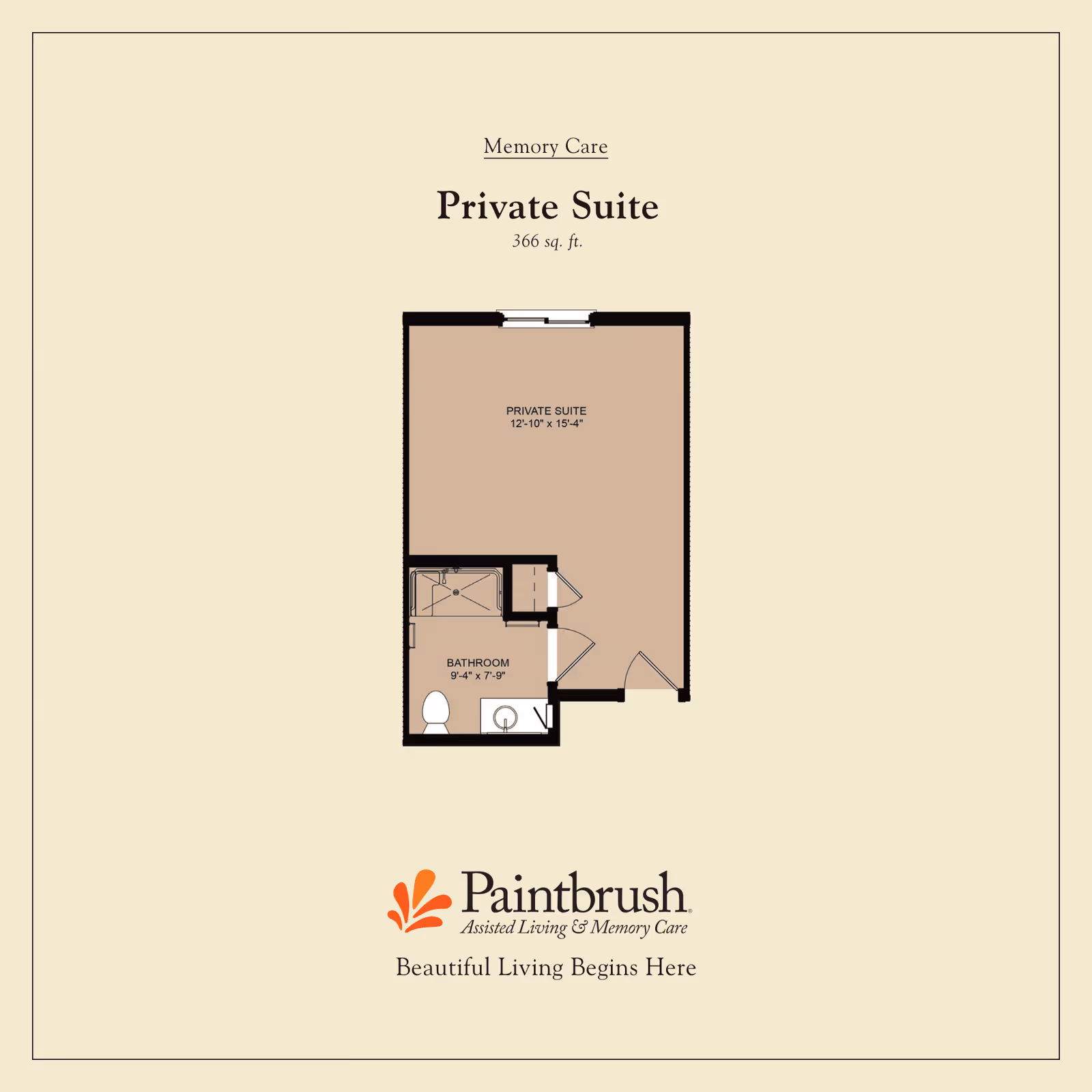 Floor plan of a Memory Care Private Suite at Paintbrush Assisted Living, showing a 366 sq. ft. layout with a private suite area measuring 12 feet 10 inches by 15 feet 4 inches and an attached bathroom measuring 9 feet 4 inches by 7 feet 9 inches.