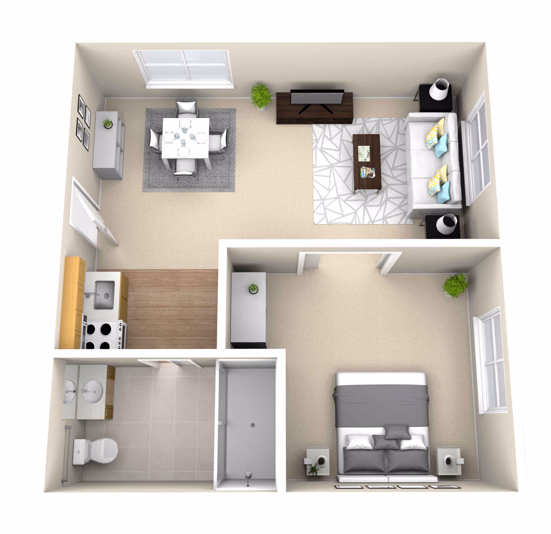 3D top-down floor plan of a one-bedroom apartment with a living room, dining area, kitchen, bedroom, and bathroom.