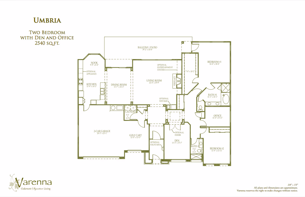 Architectural floor plan for a two-bedroom unit named Umbria at Varenna at Fountaingrove, showing layout including kitchen, nook, dining room, living room, balcony/patio, two bedrooms, two bathrooms, office, den, laundry, golf cart space, and 2-car garage.