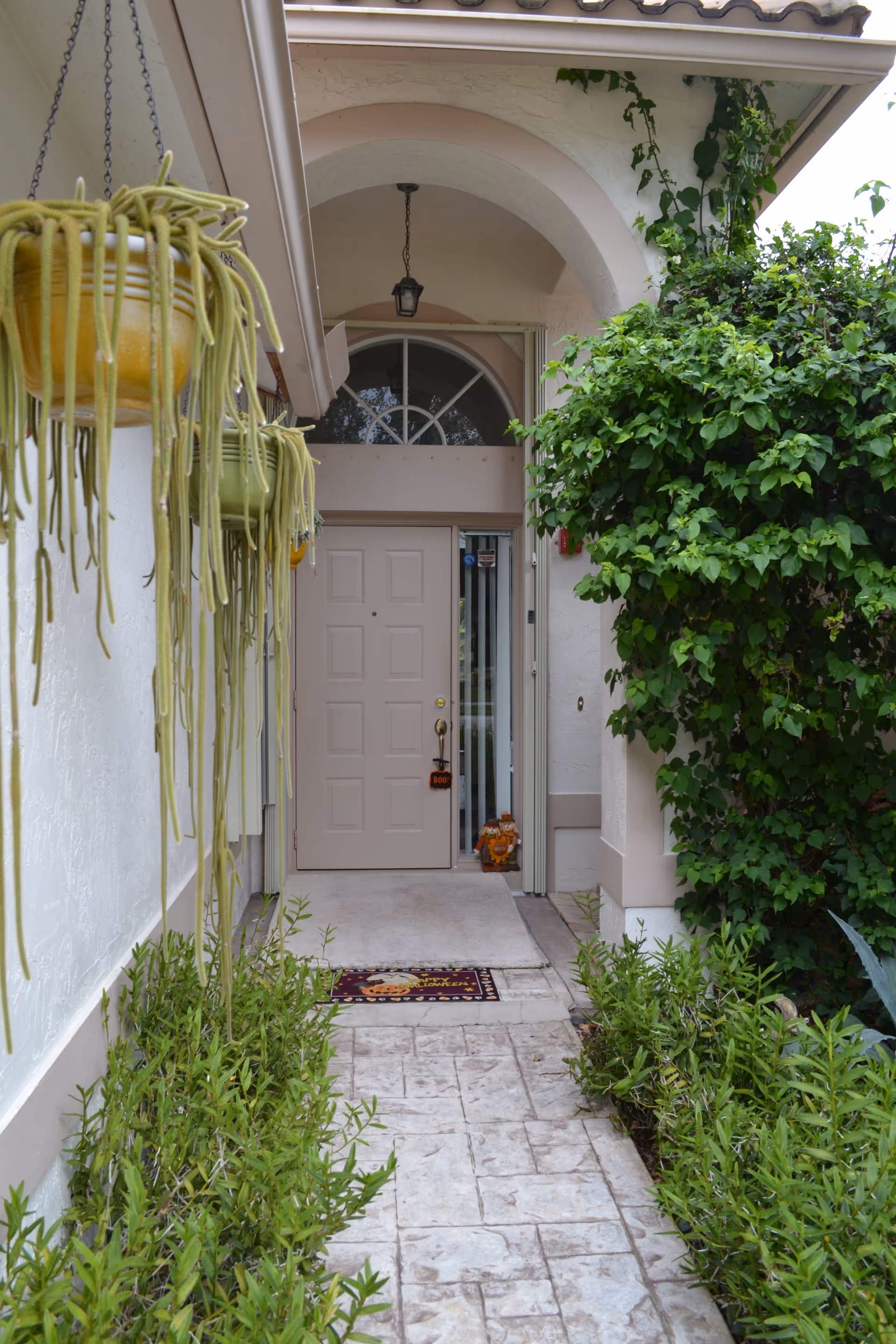 Front entrance walkway leading to a pale pink door under an arched entry, with hanging potted plants on the left and dense greenery on the right.
