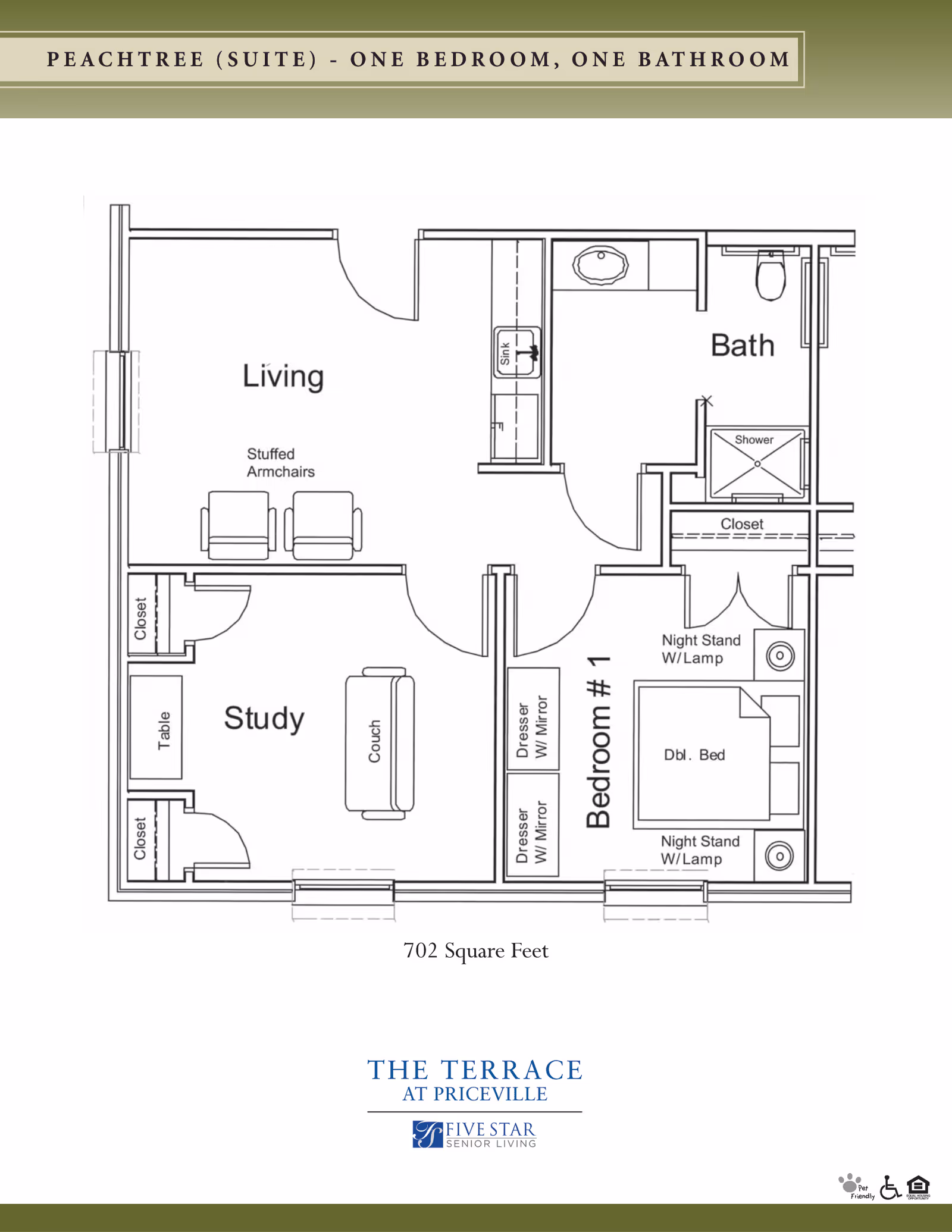 Floor plan of Peachtree Suite at The Terrace at Priceville showing one bedroom, one bathroom, living room with stuffed armchairs, study with couch and table, bedroom with double bed and nightstands, bathroom with shower, and closets. The total area is 702 square feet.