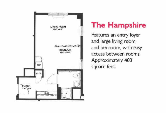 Floor plan of The Hampshire apartment at Lehigh Commons showing an entry foyer, a large living room, a bedroom, a bathroom, and closets. The living room measures 13 feet 7 inches by 9 feet 2 inches, and the bedroom measures 13 feet 7 inches by 6 feet 10 inches. The layout highlights easy access between rooms and totals approximately 403 square feet.