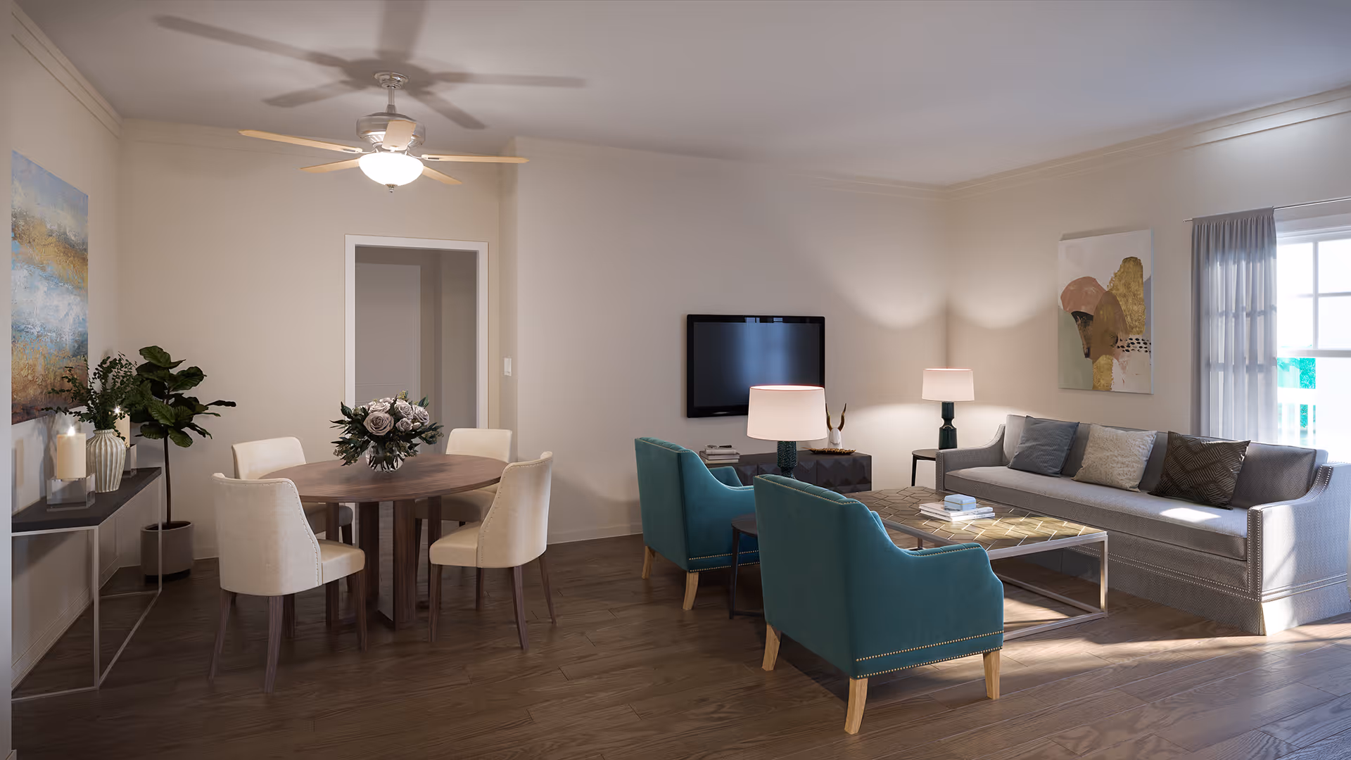 Open-plan living and dining room with a sofa, two teal armchairs, a coffee table, and a round dining table with four chairs.