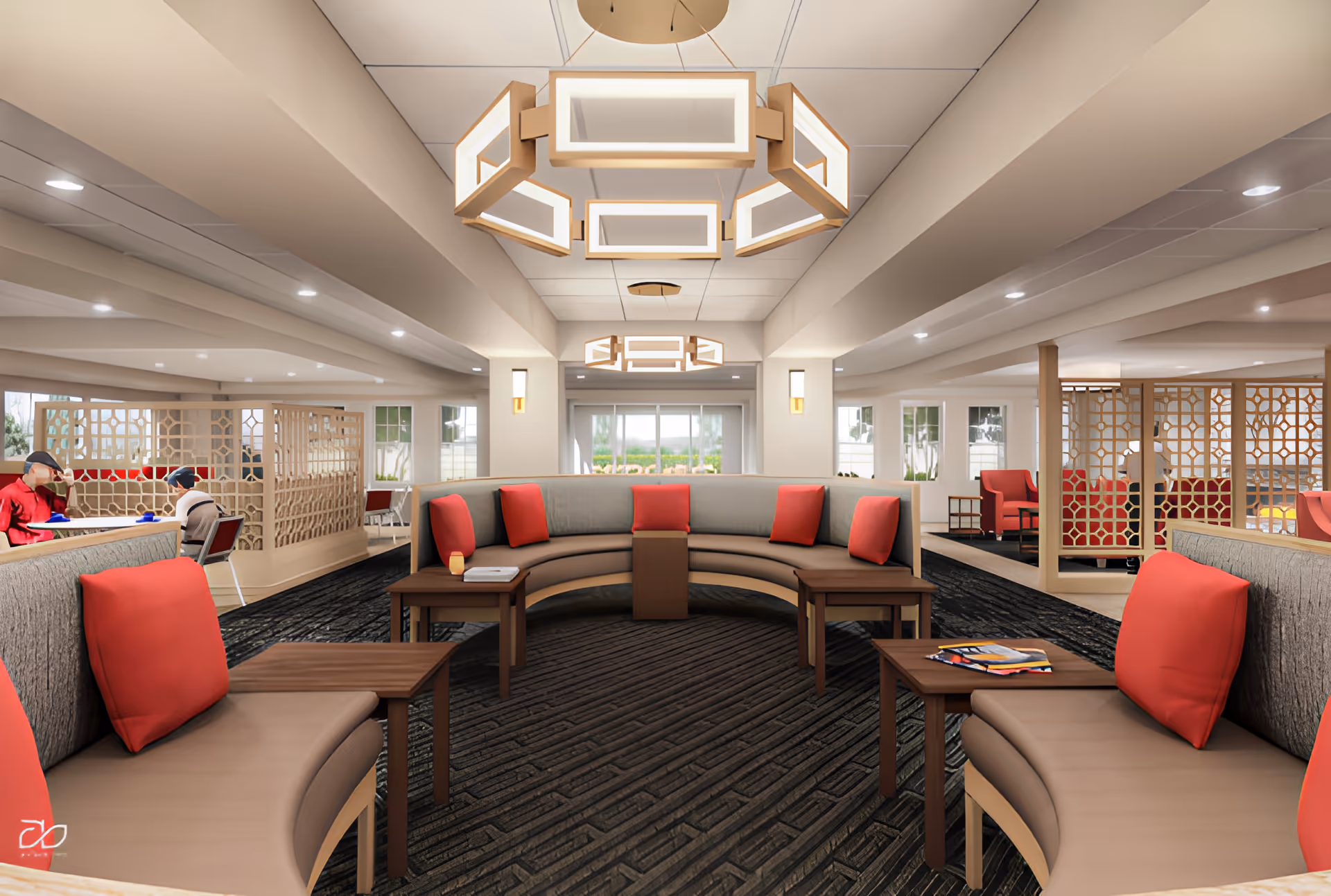 A spacious and modern common lounge area with curved beige and brown seating adorned with red cushions. Several wooden side tables are placed around the seating. The room features geometric light fixtures hanging from the ceiling and decorative wooden partitions separating different seating areas. Large windows allow natural light to brighten the space.
