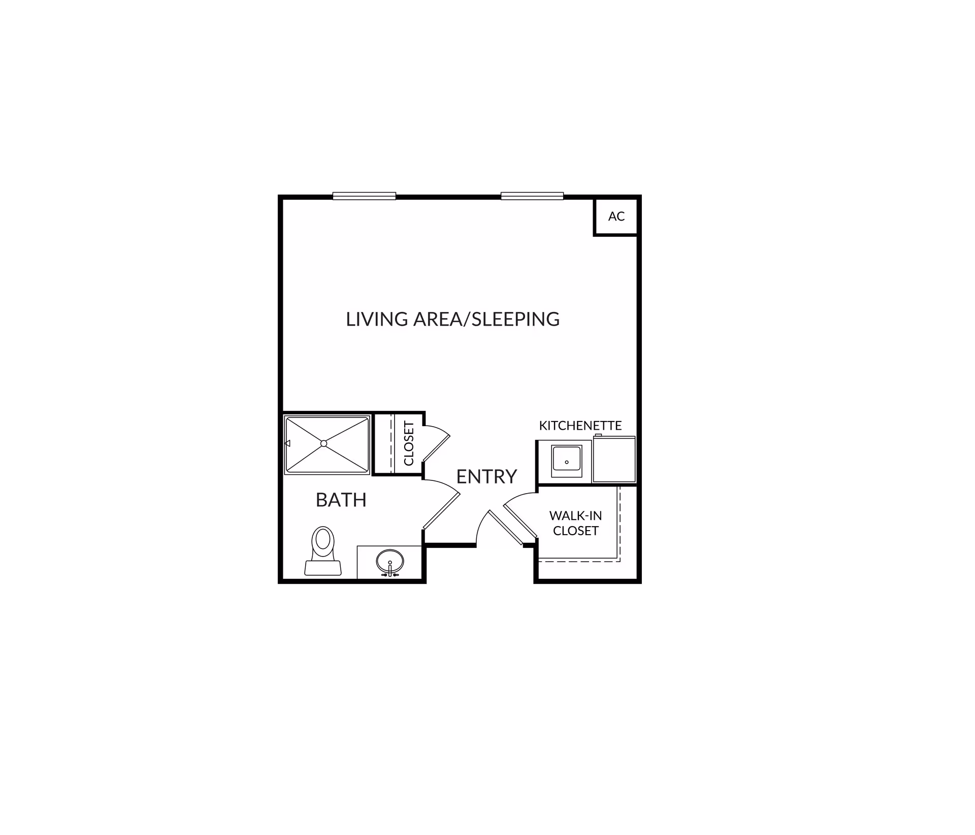 Floor plan of a studio apartment at Bayshire San Dimas showing a living area/sleeping space, a bath with toilet and sink, a kitchenette, a walk-in closet, a small closet, and an entry area.