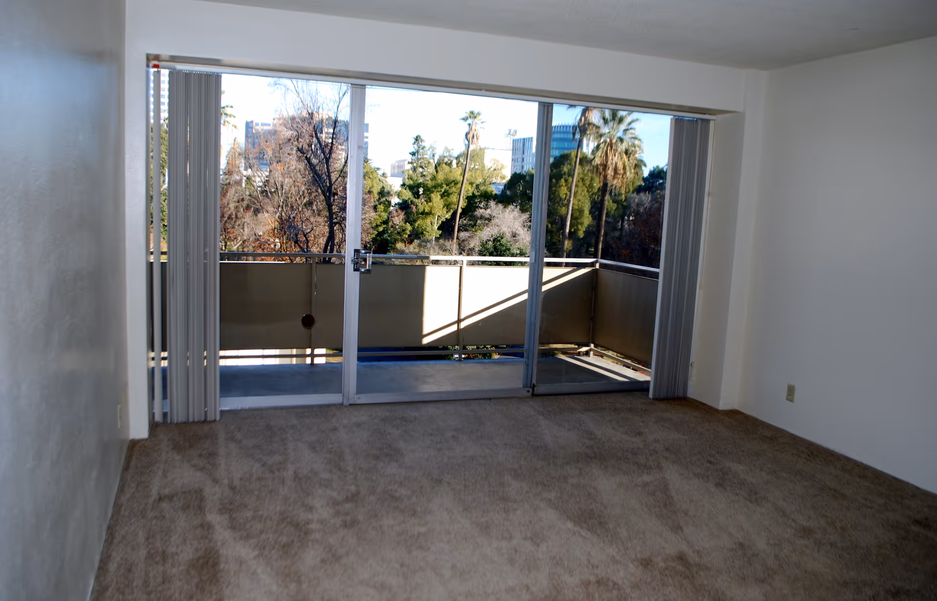 Empty carpeted living room with sliding glass doors leading to a balcony overlooking trees.