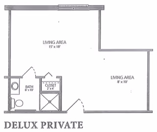 Floor plan layout labeled Delux Private showing two living areas, a bath, and a closet. The larger living area measures 15 by 18 feet, the smaller living area measures 8 by 10 feet, the bath measures 6 by 10 feet, and the closet measures 2 by 4 feet.