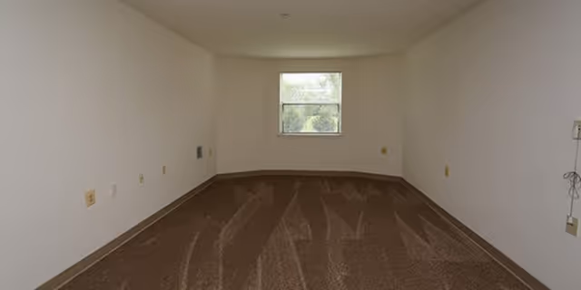 Empty rectangular room with beige carpet, white walls, a single window centered on the far wall, and multiple electrical outlets along the walls.