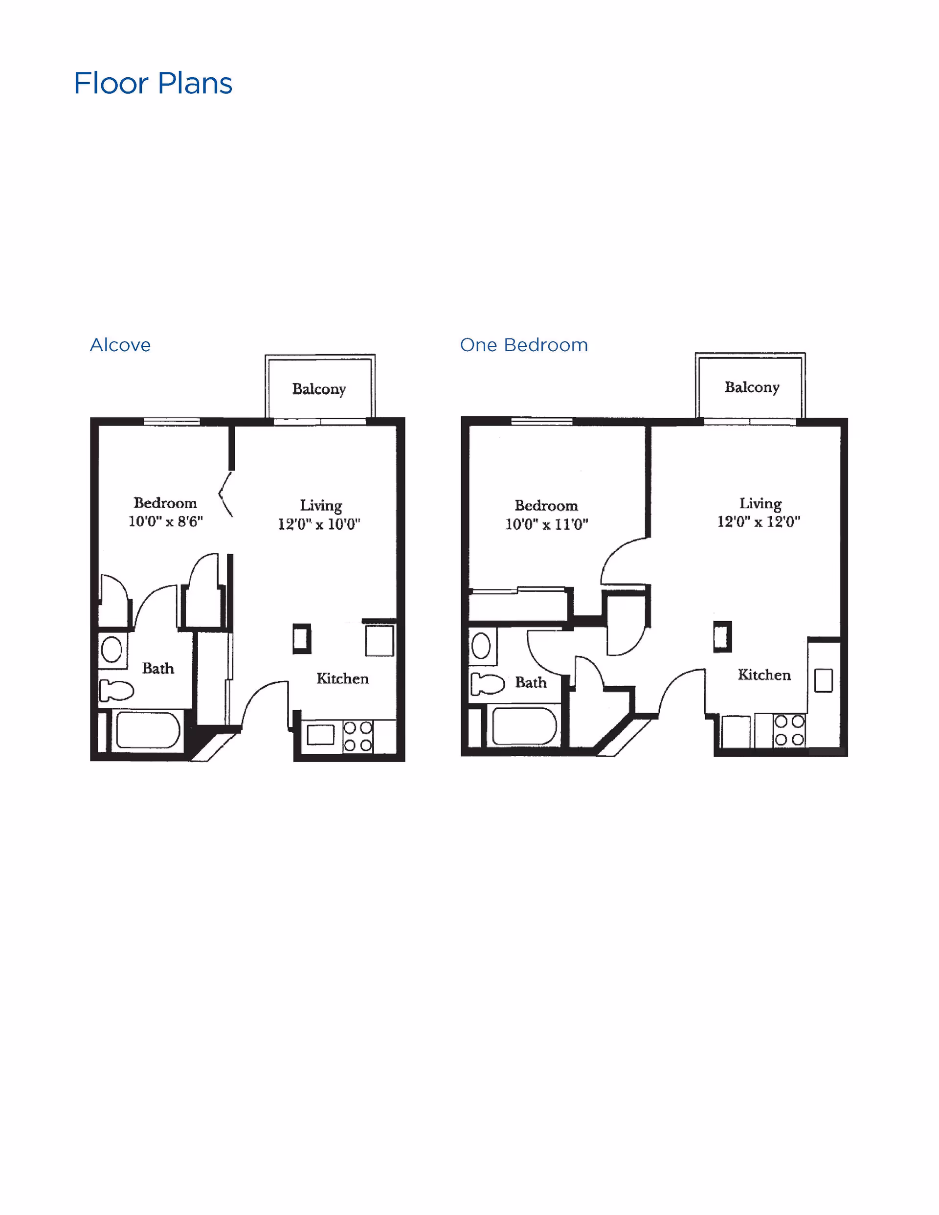 Floor plans for two apartment layouts labeled Alcove and One Bedroom. Each layout shows a bedroom, living area, kitchen, bathroom, and a balcony. Dimensions are provided for the bedroom and living areas in each plan.