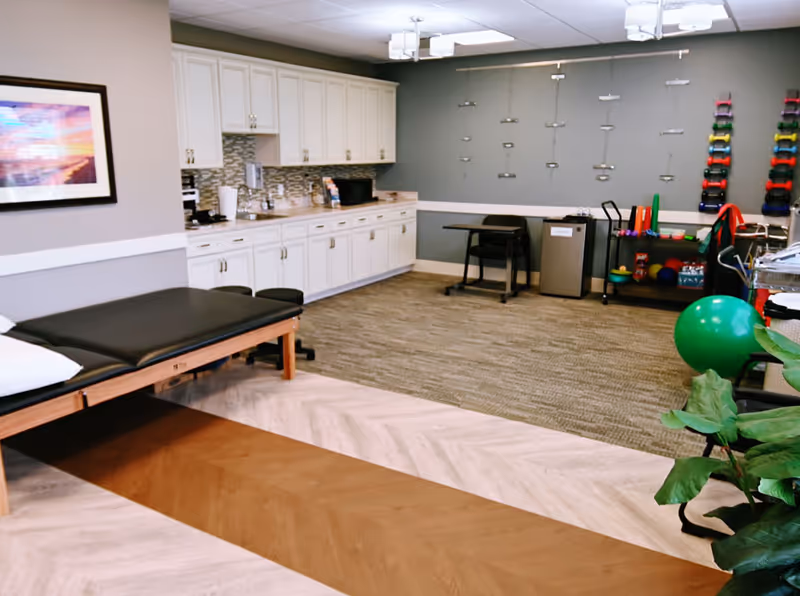 Interior therapy/fitness room with a treatment table, cabinets, and various exercise equipment including dumbbells and an exercise ball.