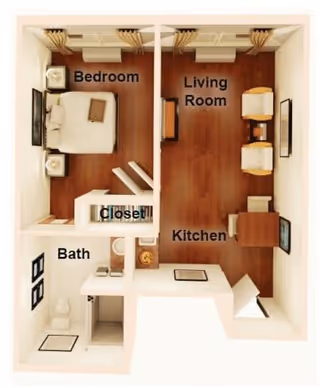3D floor plan of a senior living apartment at Dominion Senior Living of Athens showing a bedroom with a bed and nightstands, a closet, a bathroom with a toilet and sink, a living room with two chairs and a TV, and a kitchen area with a dining table and chairs.