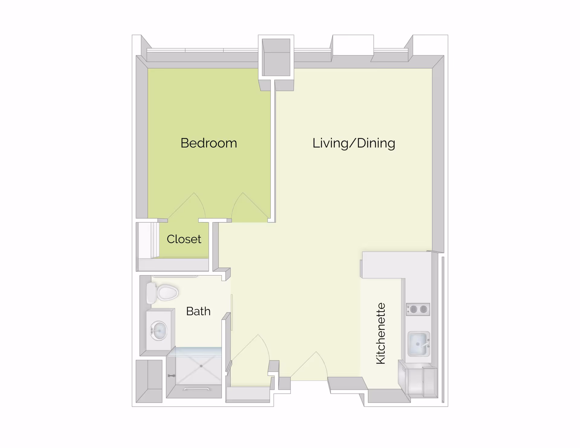 Floor plan of a residential unit showing a bedroom with a closet, a bathroom with a shower, toilet, and sink, and a combined living/dining area with an adjacent kitchenette.