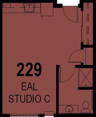 Architectural floor plan of a studio apartment labeled 229 EAL Studio C, showing a main living area with a kitchenette, a bathroom with a shower, toilet, and sink.