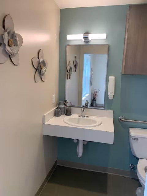 A small bathroom with a white sink mounted on a white countertop, a mirror above the sink with a light fixture on top, a soap dispenser mounted on the wall, a toilet with a grab bar next to it, and decorative flower-shaped wall hangings on the adjacent wall.