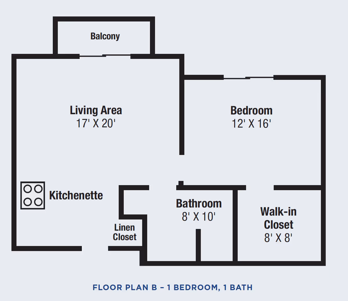 Floor plan labeled Floor Plan B showing a 1 bedroom, 1 bath layout with a balcony, living area, kitchenette, linen closet, bathroom, bedroom, and walk-in closet. Dimensions are provided for each room.