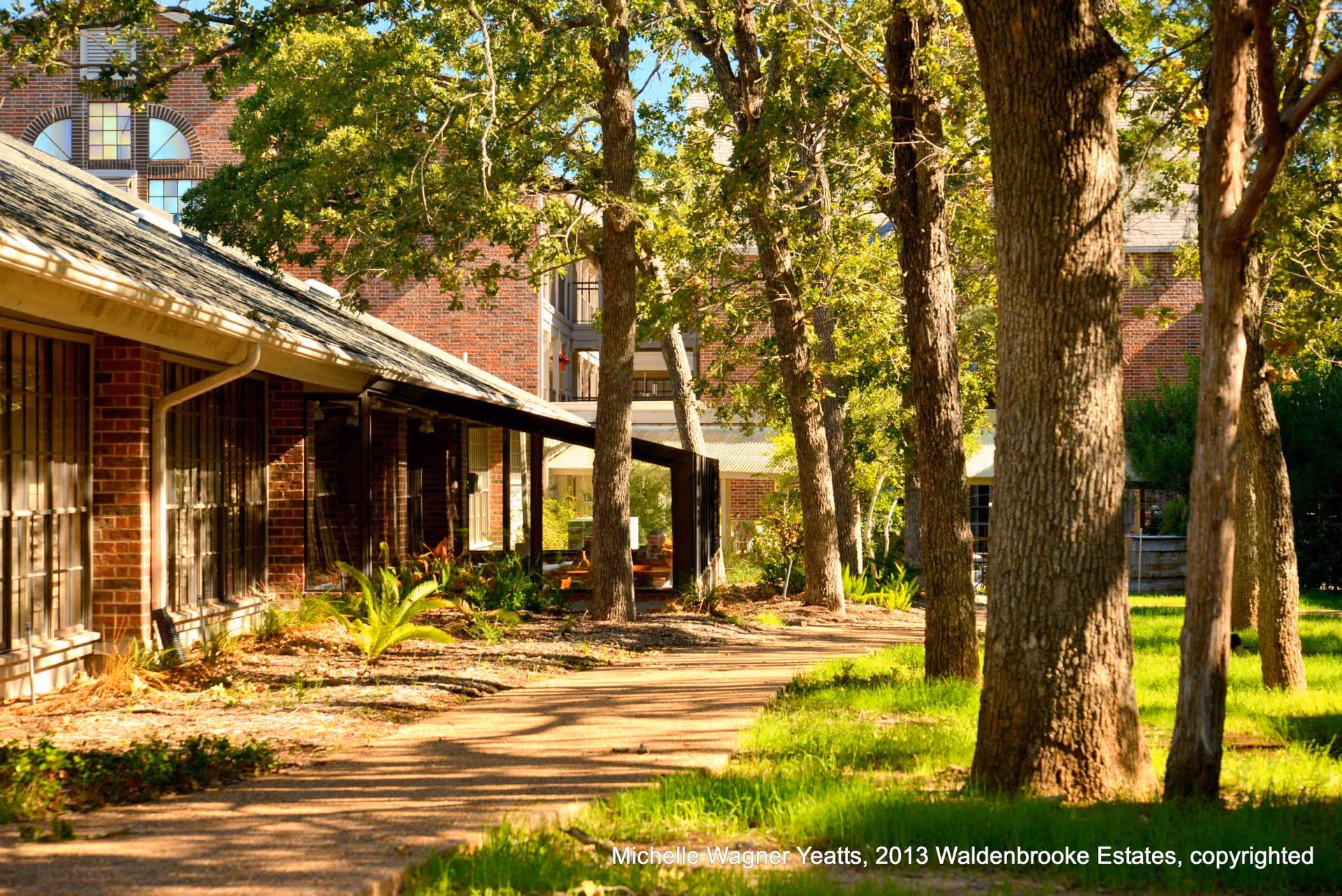 A sunlit outdoor pathway lined with trees and greenery beside a brick building with large windows, part of a senior living facility.