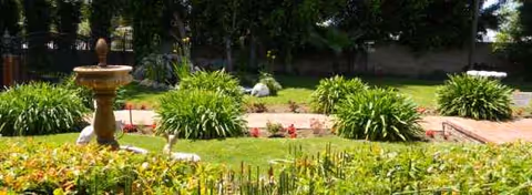 A well-kept garden with a central fountain, greenery, and flower beds outdoors.