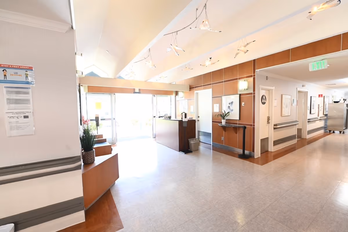 Bright and clean hallway inside a healthcare facility with a reception desk near the entrance. The hallway has light-colored walls with wooden panel accents, a tiled floor, and ceiling lights shaped like birds. There are doors along the hallway, handrails on the walls, and a potted plant on a small table.