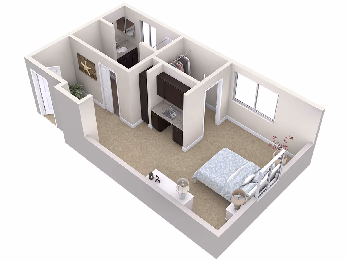 3D rendered studio apartment floor plan showing a bedroom area with bed and nightstands, a kitchenette, bathroom, closet, and entry hallway.