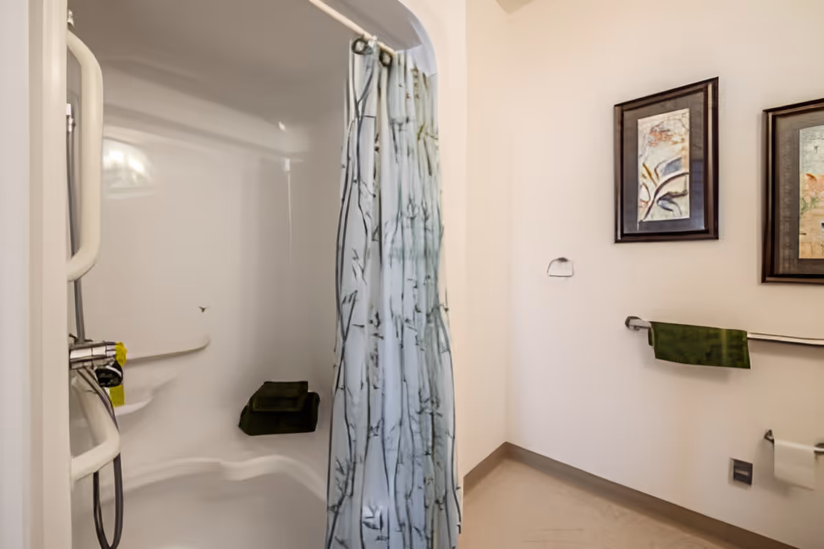 A clean bathroom featuring a white shower with a built-in seat and grab bars, a shower curtain with a bamboo pattern, green towels on a rack, and two framed artworks on the wall.