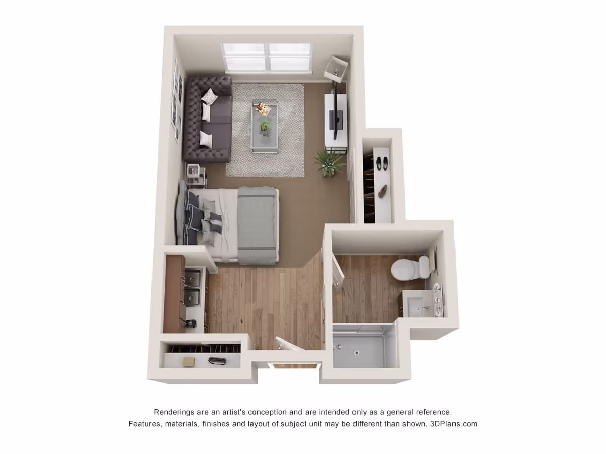 3D floor plan of a studio apartment featuring a combined living and sleeping area with a bed, sofa, coffee table, TV, and a window. The kitchen area includes a sink and cabinets. There is a separate bathroom with a toilet, sink, and shower. A closet is located near the entrance.