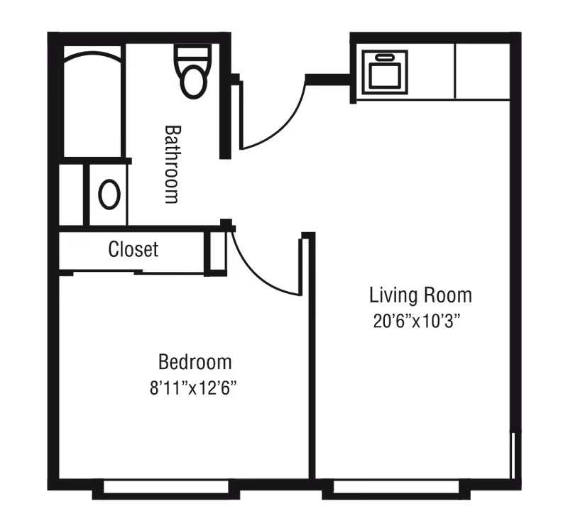 Floor plan of a one-bedroom apartment at Sodalis Defuniak Springs showing a bedroom measuring 8 feet 11 inches by 12 feet 6 inches, a bathroom, a closet, and a living room measuring 20 feet 6 inches by 10 feet 3 inches with a kitchenette area.