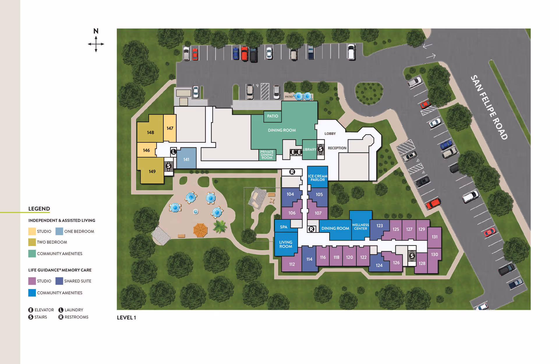 Floor plan of Atria Evergreen Valley senior living facility showing layout of independent and assisted living areas, memory care suites, community amenities including dining rooms, library, ice cream parlor, wellness center, spa, patio, lobby, reception, and parking areas along San Felipe Road. The map includes a legend for studio, one bedroom, two bedroom, shared suite, and community amenities, as well as symbols for elevator, laundry, stairs, and restrooms.