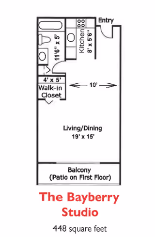Floor plan of The Bayberry Studio at Mountain View Independent Living, showing a layout with an entry, kitchen, bathroom, walk-in closet, living/dining area, and balcony. The total area is 448 square feet.