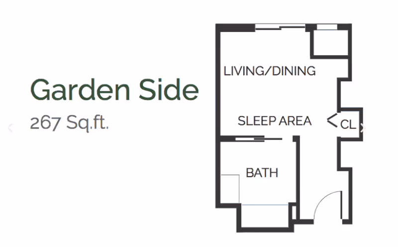 Floor plan layout labeled Garden Side with 267 square feet, showing a living/dining area, sleep area, bath, and closet (CL).