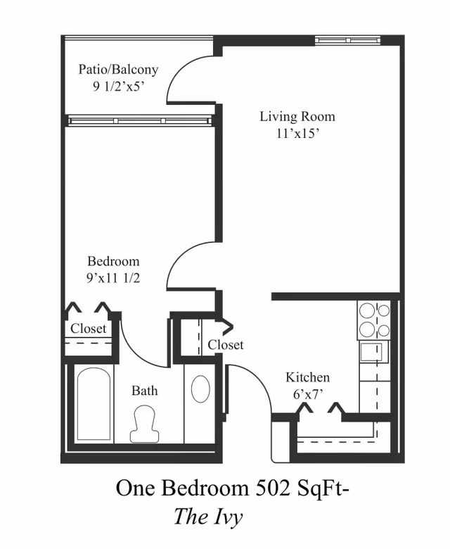 Floor plan of a one-bedroom apartment named The Ivy at The Palazzo, showing a living room, kitchen, bedroom, bathroom, closets, and a patio/balcony with dimensions.