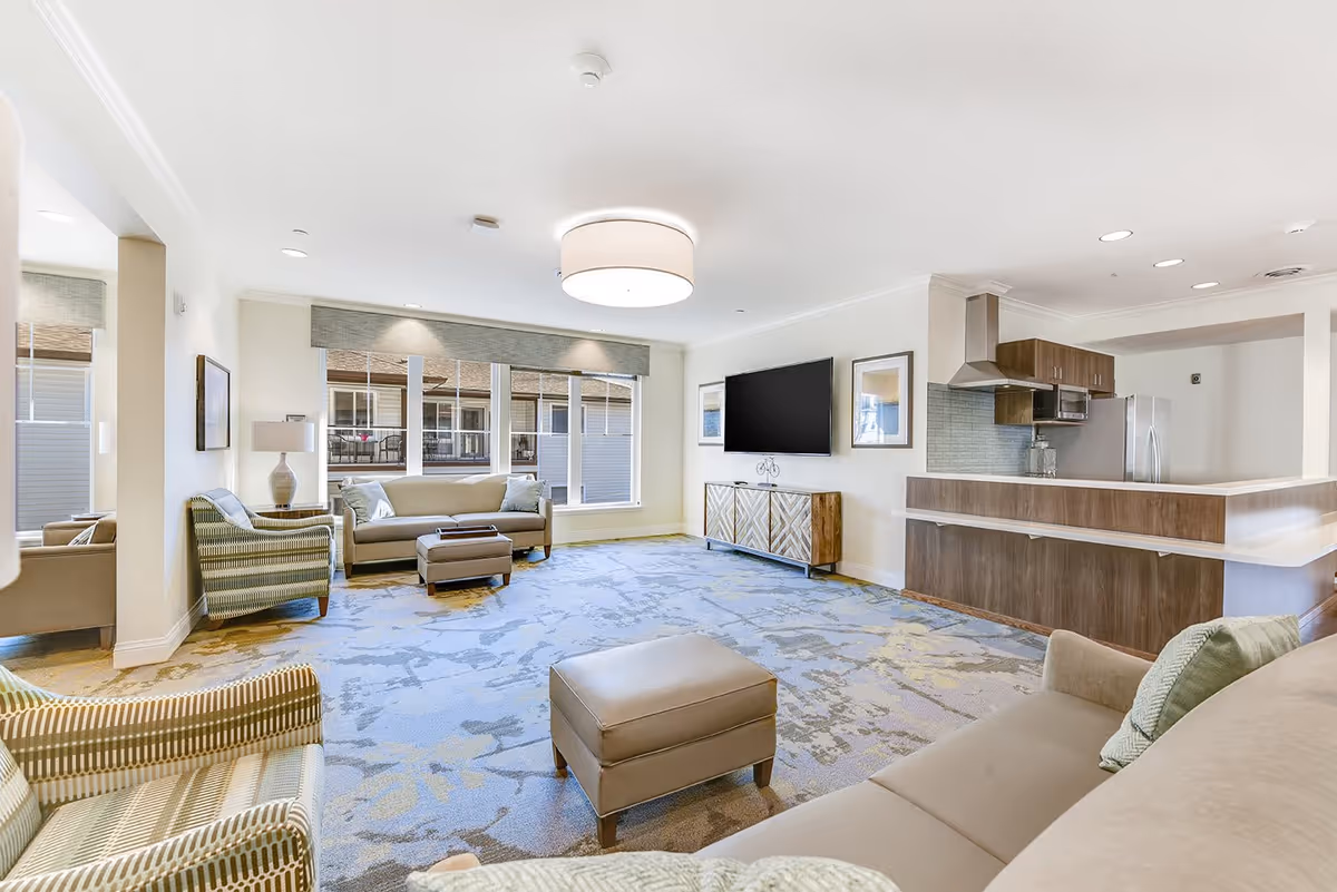 A bright and spacious living room area with modern furniture including sofas, armchairs, and ottomans arranged on a patterned carpet. The room features large windows allowing natural light to fill the space, a wall-mounted flat-screen TV above a wooden console, and an open kitchen area with stainless steel appliances and wooden cabinetry.