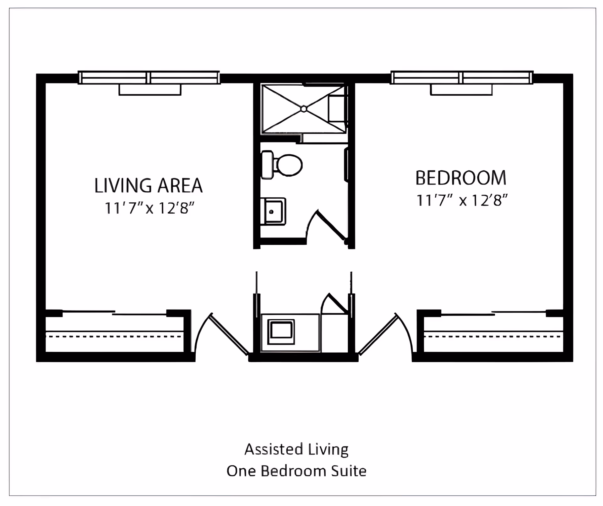 Black-and-white floor plan of a one-bedroom assisted living suite showing a living area, bedroom, and central bathroom.