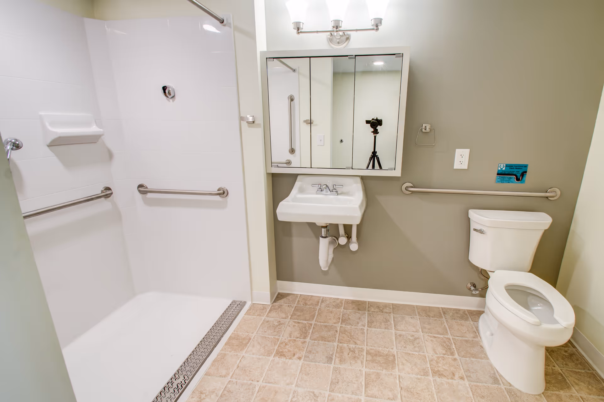 A clean and accessible bathroom with a walk-in shower featuring grab bars, a wall-mounted sink with a mirrored medicine cabinet above, and a toilet with grab bars on the adjacent walls. The floor is tiled, and the walls are painted in a neutral color.
